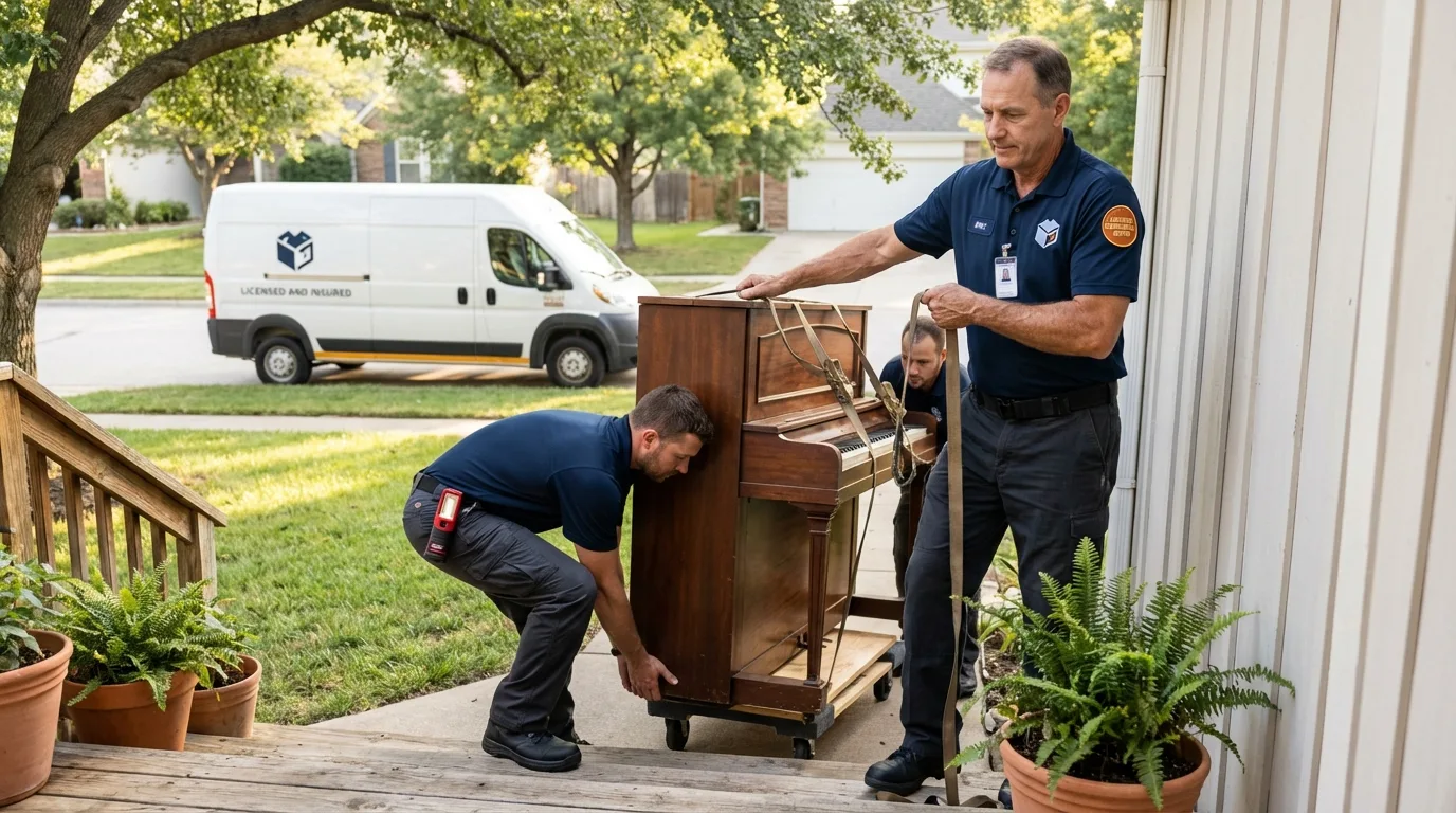 Licensed piano movers securing grand piano in Lake Orion, MI