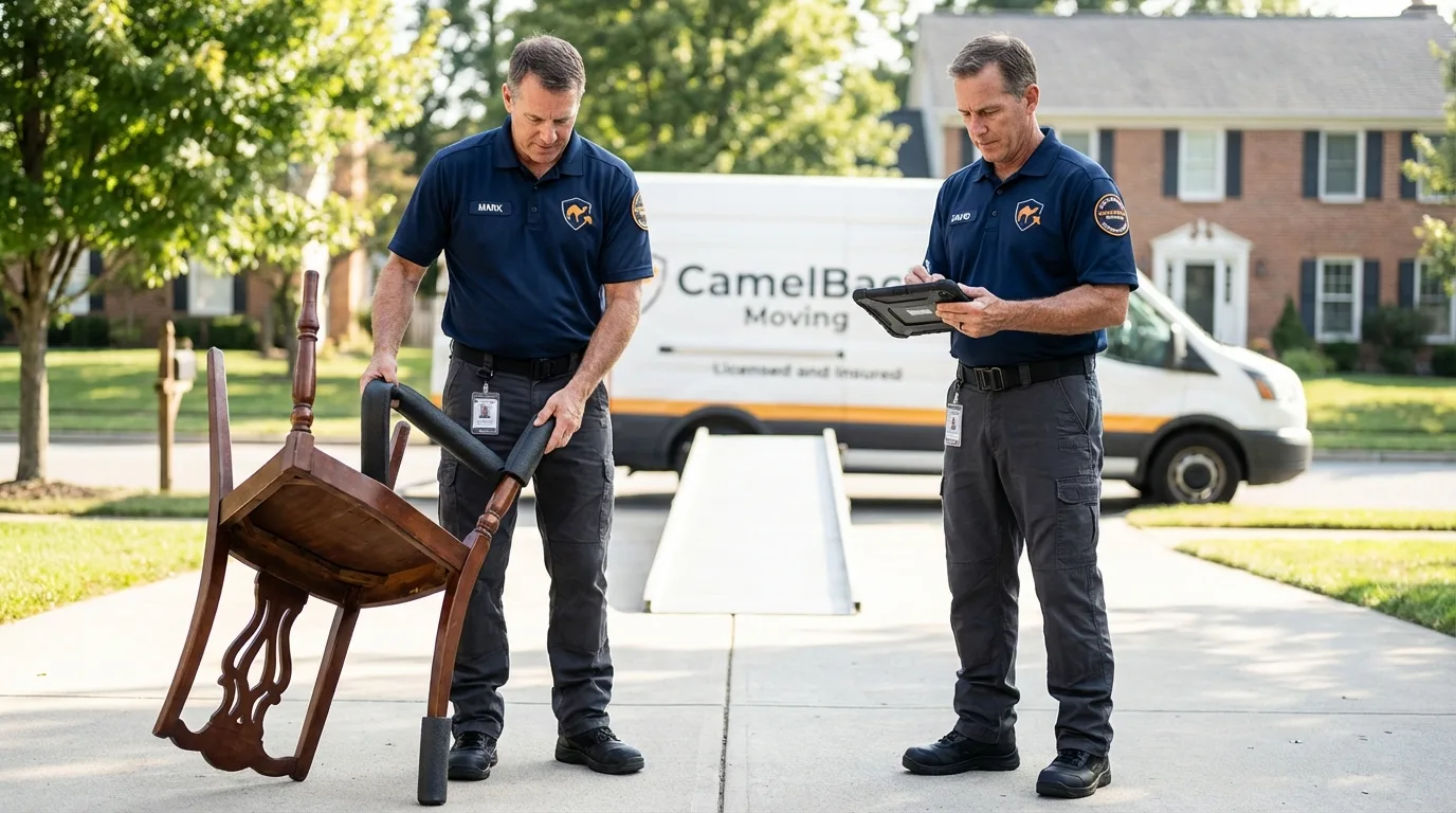 Movers inspecting furniture for damage prevention before loading in Lake Orion, MI
