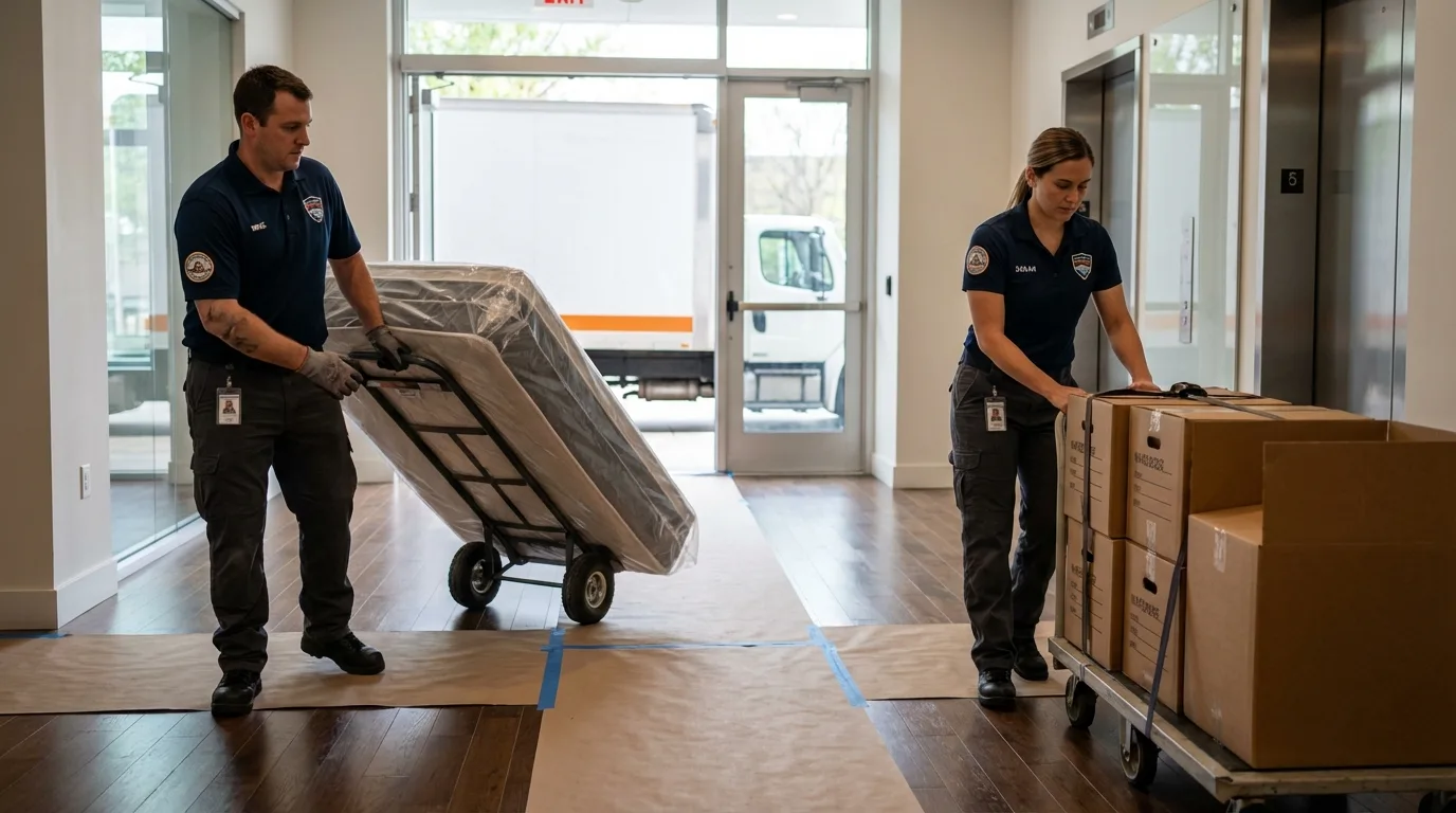 Professional apartment movers loading elevator in Lake Orion, MI